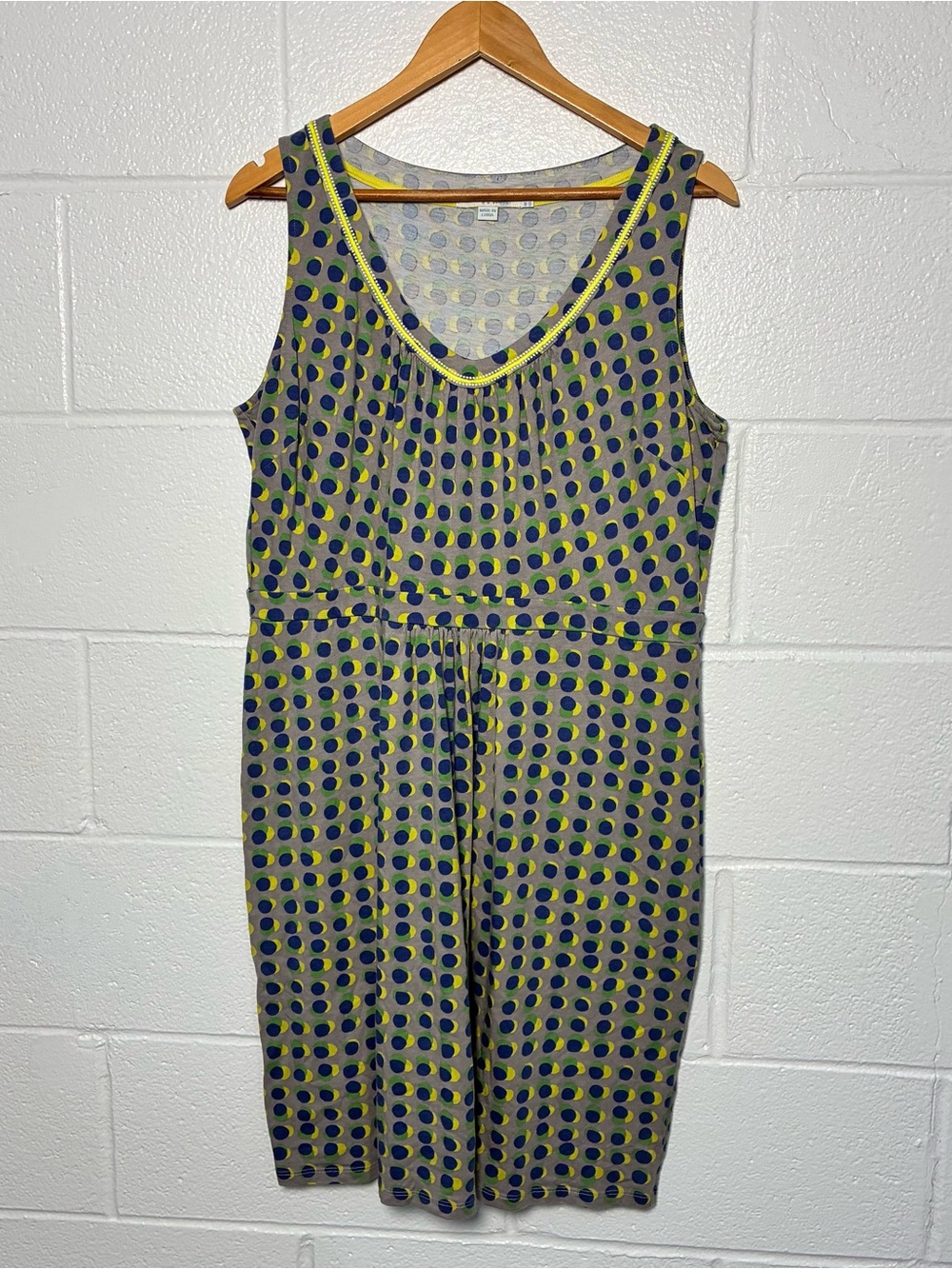 Boden grey blue green yellow polka dot dress with embroidered neckline